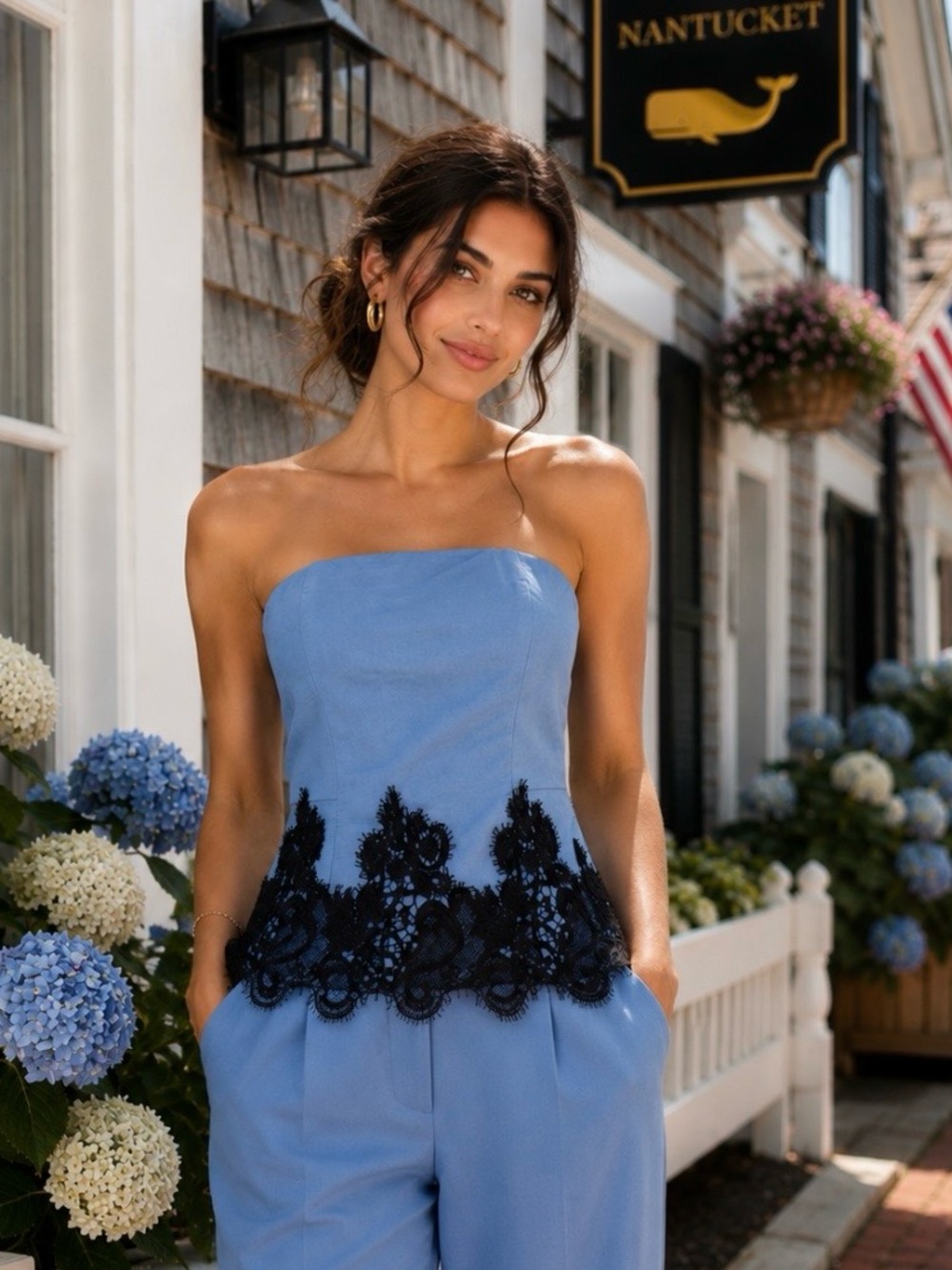Commense Strapless Light Blue Top with Black Lace Trim - Picture 1 of 6